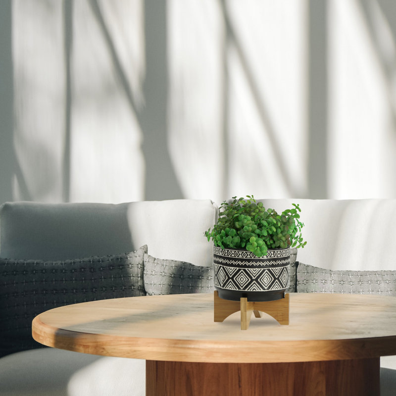 St. Charles Ceramic Planter with Wooden Stand - Modern Decorative Pot for Indoor Plants, Diamond, Black