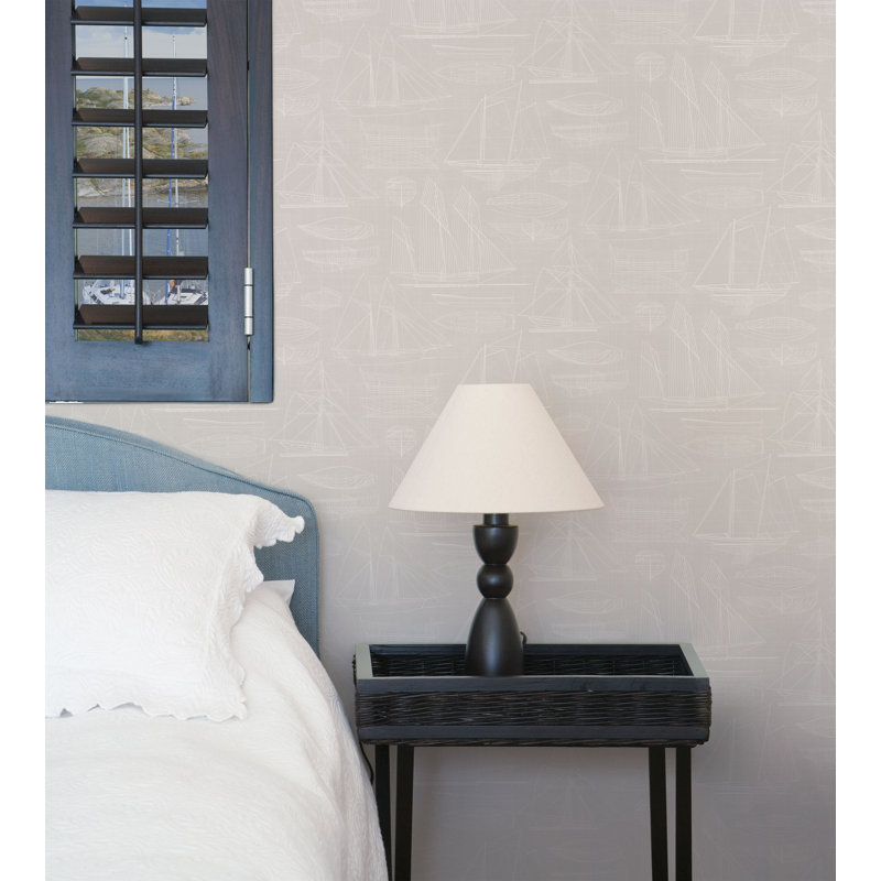 Deauville 2 Nautical Blueprint Wallpaper Roll, Beige/White