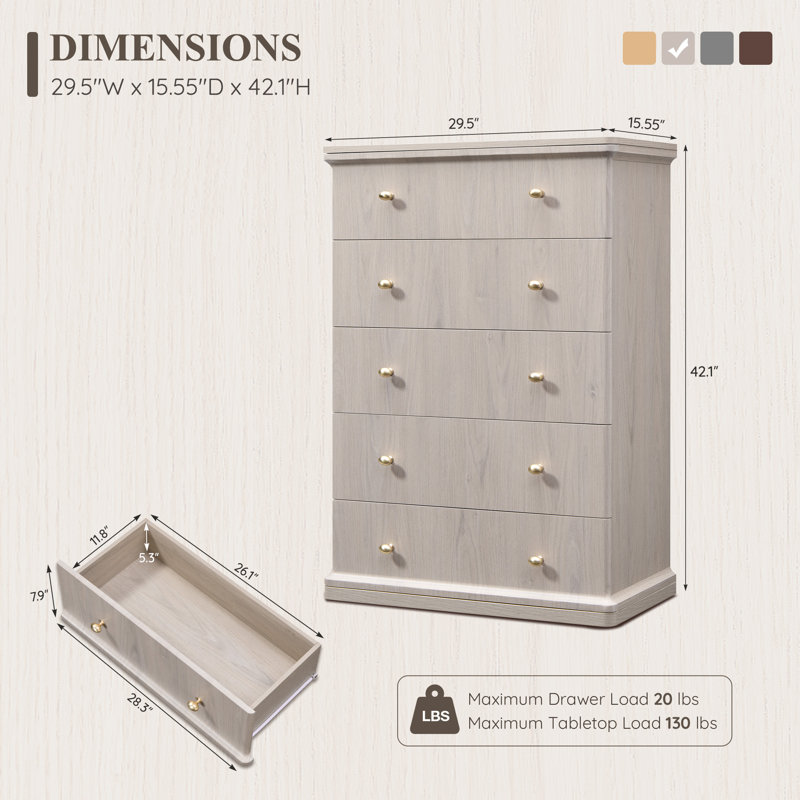 Commode 5 tiroirs Abarca, Crème, 5