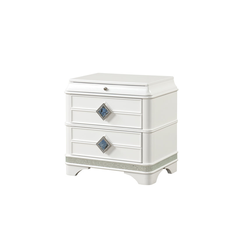 Table de chevet blanche de style moderne, 2 accents de cristal, fonction, fabrication en bois massif, table de chevet contemporaine de 2 pièces avec poignées centrales en marbre bleu, ornements et rangement spacieux