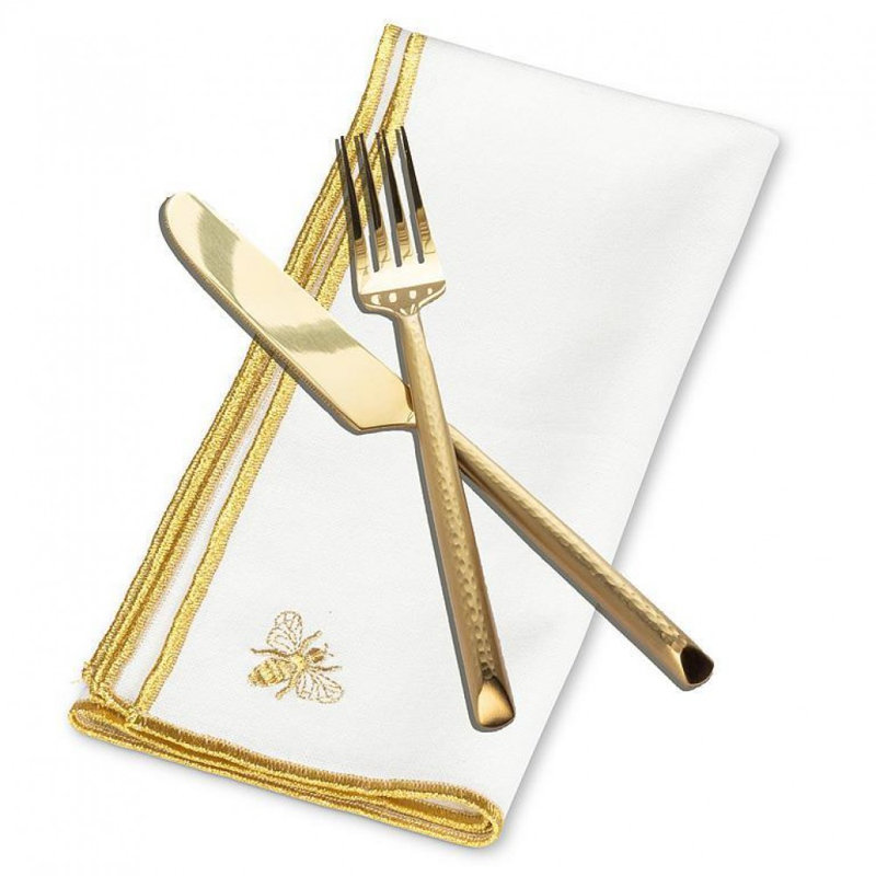 White With Gold Stitched Bee And Edges Napkin