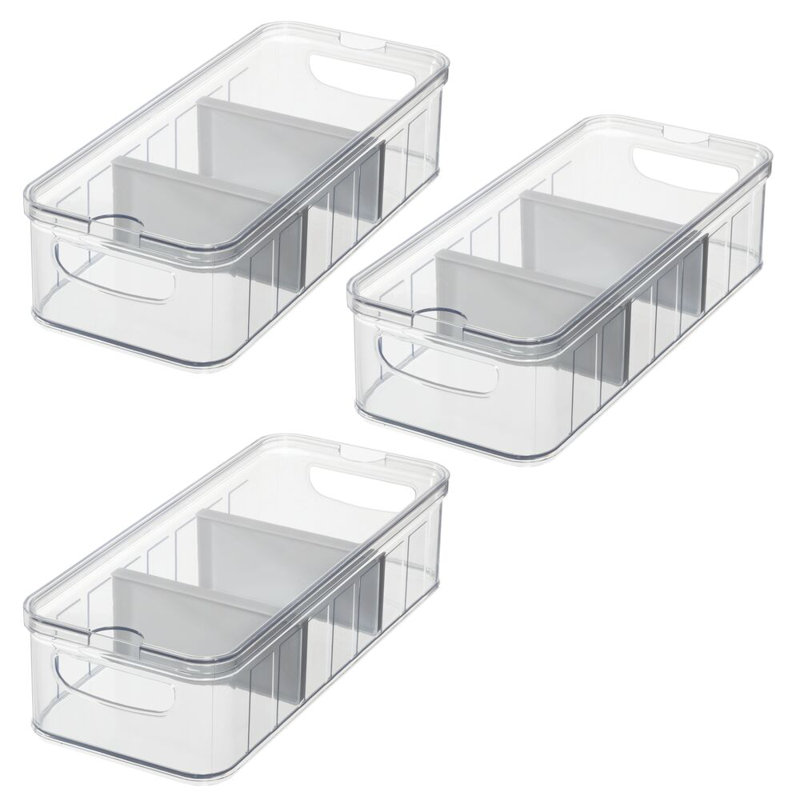 iDesign 3-Piece Fridge Organizer Bins with Dividers - Clear/Gray