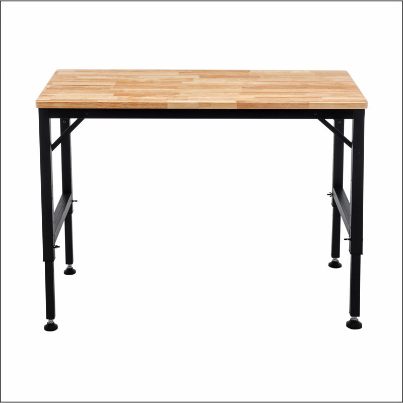 Établi ajustable 48 po pour garage, table d'atelier en bois d'hévéa avec patins en caoutchouc, poste de travail en bois franc, capacité de poids de plus de 2000 lb