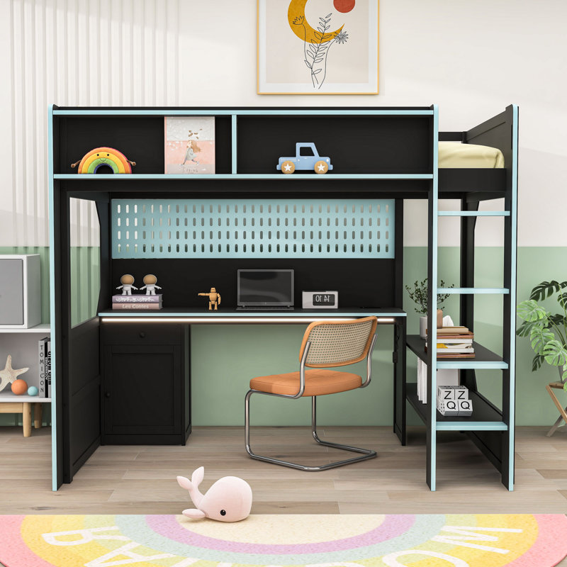 Deluxe Loft Bed with Workstation, Storage Shelves, LED Strips and Charging Station, Twin, Black Blue