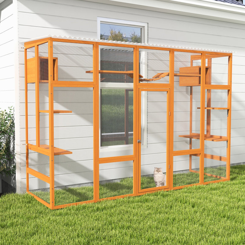 Grande cage à chat orange avec 6 plateformes de saut, 2 condos, un pont, une planche à gratter pour le domaine des chats ludiques et un système de toit imperméable