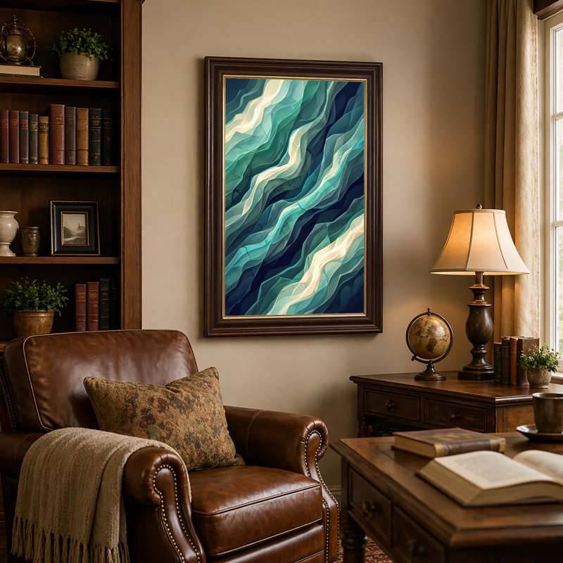 Toile abstraite bleu sarcelle et crème, 24"H x 16"W