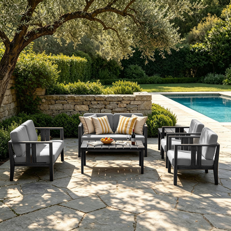 Junco Teak Outdoor Six-person Patio Set With Cushions And Two Tables, Gray, Black