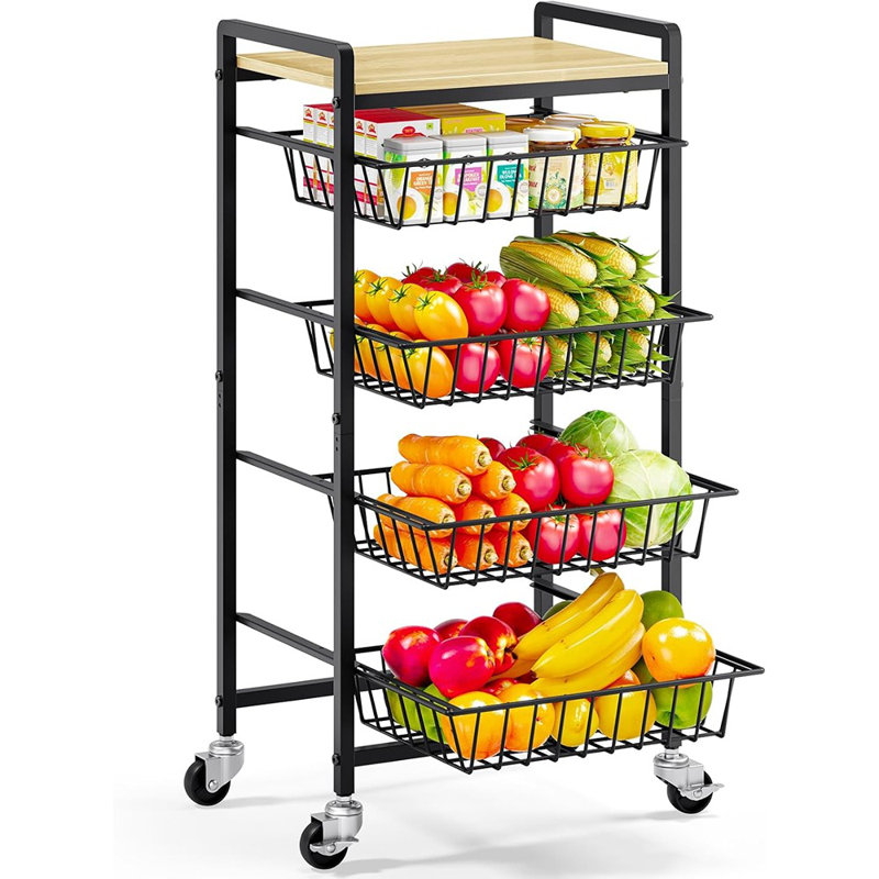 Chariot de rangement à 5 niveaux avec plateau en bois, organisateur de panier en métal sur roulettes verrouillables, casse-croûte utilitaire et support à légumes avec tapis