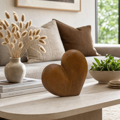 Sculpture décorative moderne en forme de cœur, idéale pour la décoration de votre bureau à domicile ou de votre salon - Objet décoratif en bois de manguier - 28 cm, brun