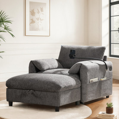 37" Chenille Single Chaise Lounge - Elephant Ear Armrest, Storage Ottoman, Adjustable Phone Holder, Dual-Port Charger & Storage Pockets