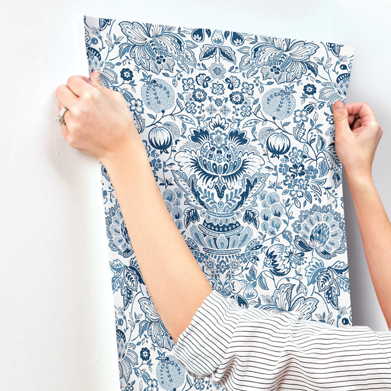 Blanche Dark Green Floral Damask Wallpaper, Blue