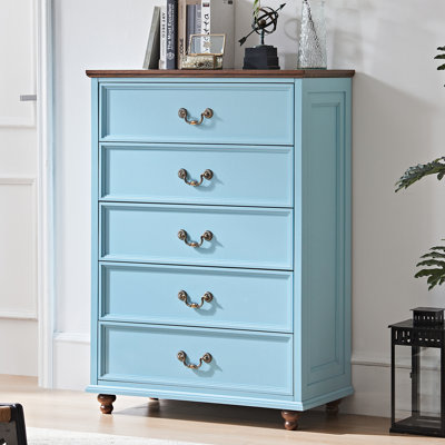 Farmhouse 5-Drawer Dresser, Rustic Chest of Drawers with Solid Wood Legs