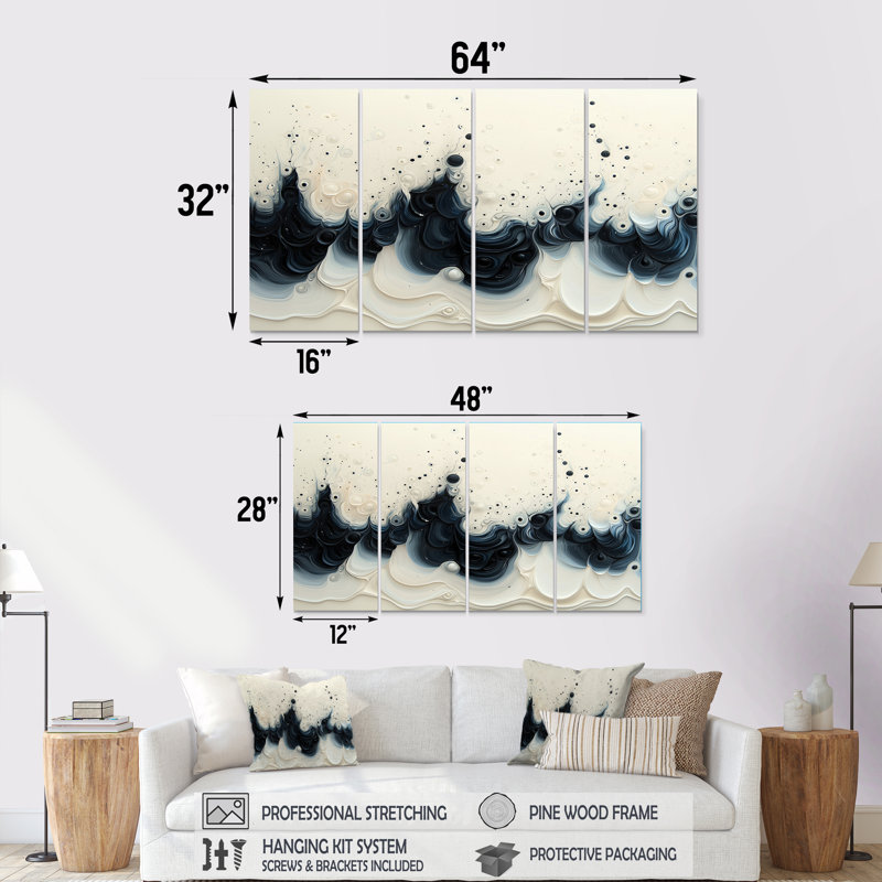Vague noire et blanche, volcan rythmique IV, art mural, ensemble d'art mural moderne, 4, H 28 po x l 48 po