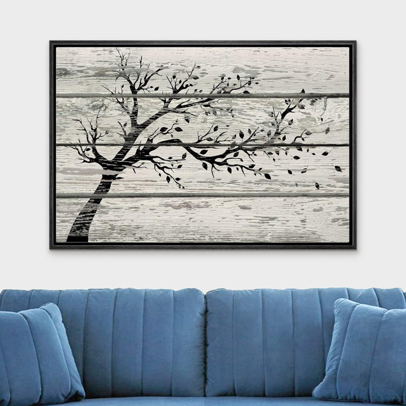 Arbre avec feuilles en noir et blanc sur fond effet bois rétro, impression sur toile rustique, H 16 po x l 24 po