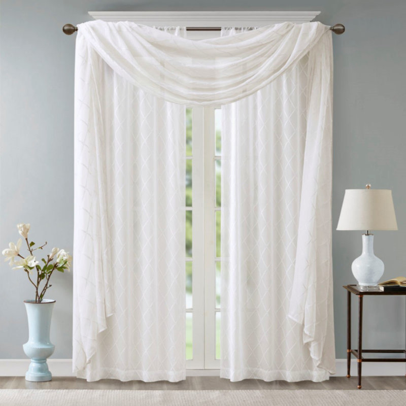 Diamond Sheer Embroidered Window Scarf, 50" W x 216" L, White