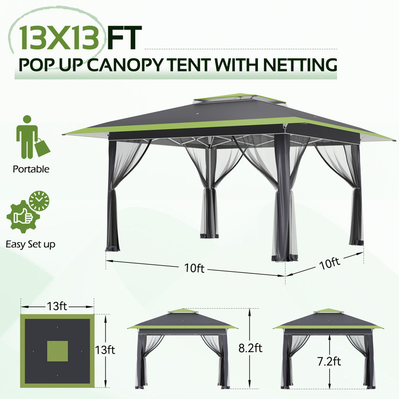 Erommy 13 X 13 Ft Pop Up Canopy Tent With Netting, Outdoor Canopy With Automatic Extended Eaves, Easy Pop Up Canopy, Upf 50+ Patio Tent For Parties & Backyard