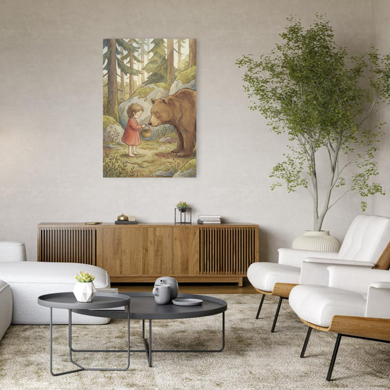 «Little Girl and Bear Peaceful Whimsical Abstract Bear Moss Forest Nature», art mural, 48" H x 32" W