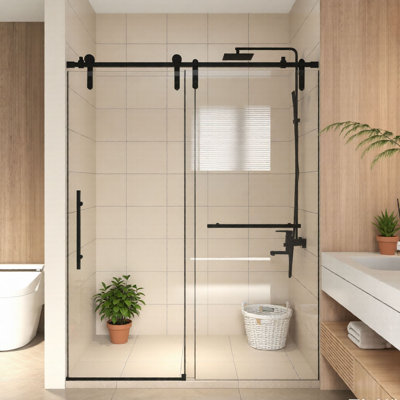 56–60"W x 76"H  Frameless Walk-In Shower Door, Fixed & Sliding Panel, 8mm SGCC/ANSI Tempered Glass, Nano Easy-Clean Coating, Shatterproof Film, Reversible Installation, Stainless Steel Hardware for Home, Apartment & Hotel Remodels