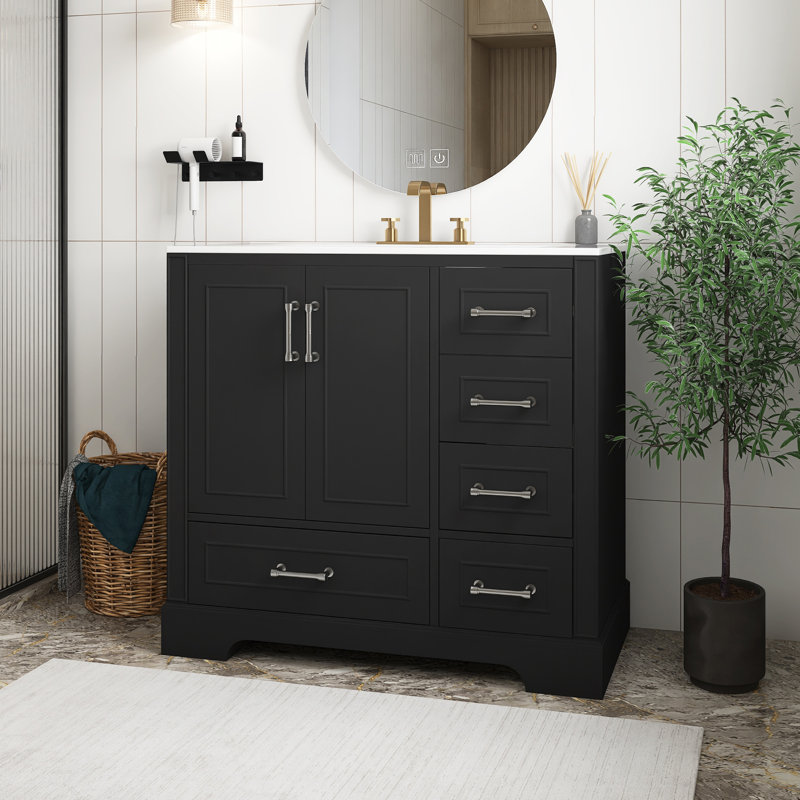 Meuble-lavabo traditionnel avec lavabo en céramique, armoire de salle de bain noire avec deux portes à fermeture douce et quatre tiroirs