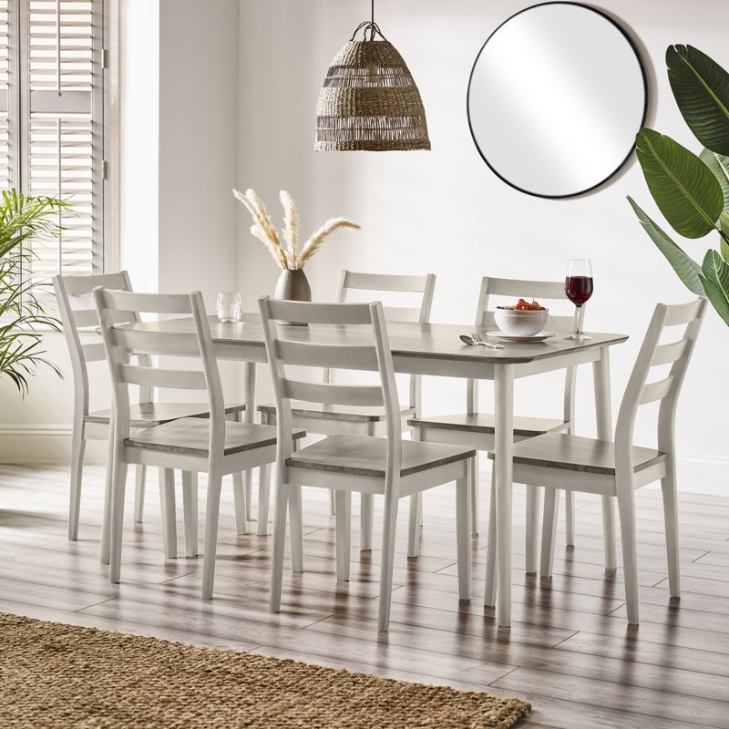 Bhawari 6 - Person Rubberwood Solid Wood Dining Set, Light Grey/White, 7 Pieces: Table, 6 Chairs