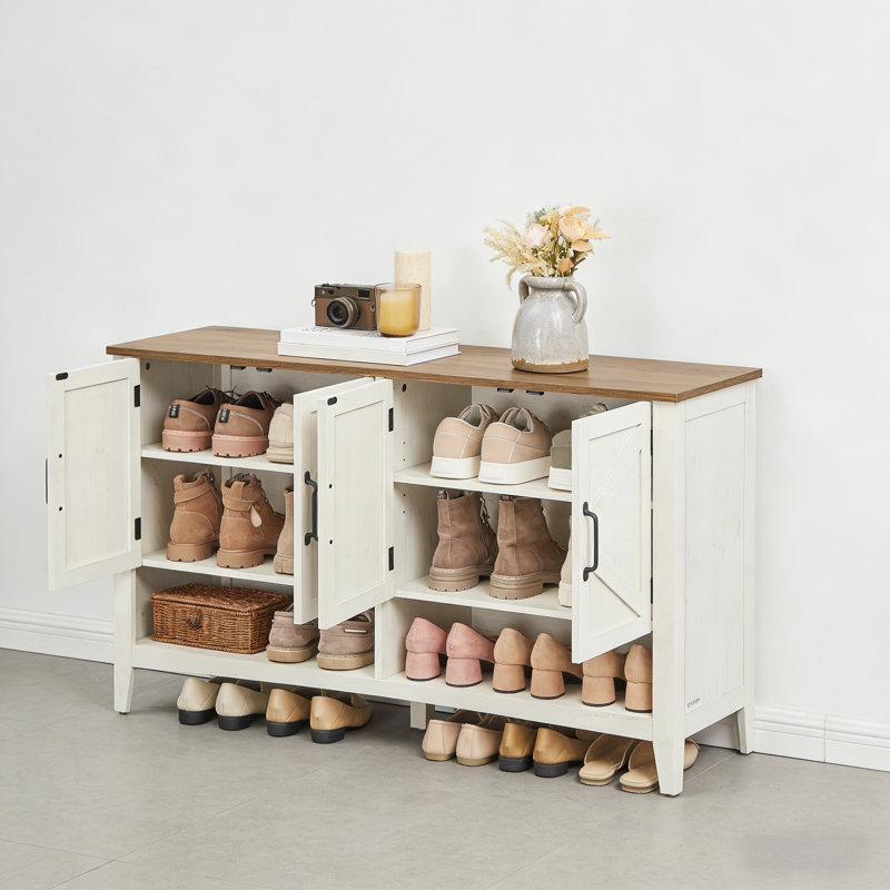 3-Tier Farmhouse Storage Cabinet With Adjustable Shelves, White/Natural