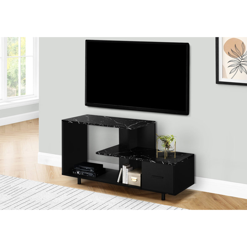 Meuble télé contemporain de 122 cm (48 pouces) au design effet marbre noir.