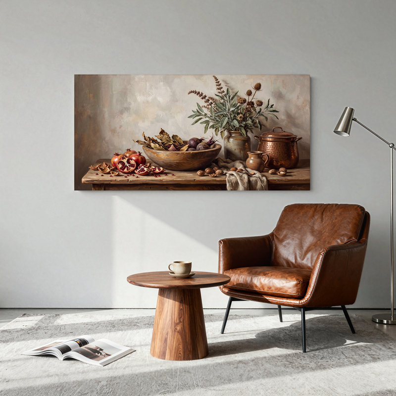 Tableau sur toile représentant des grenades et un pot en cuivre sur une table en bois rustique, L 24 po x H 12 po