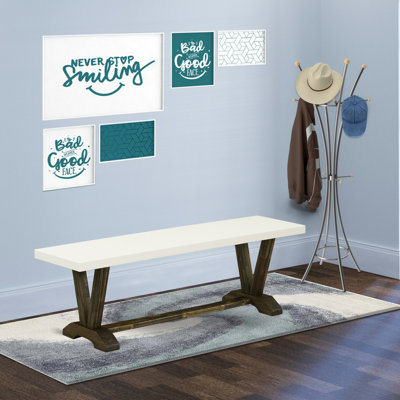 V-Style Modern Dining Table Bench with Wooden Seat, Linen White
