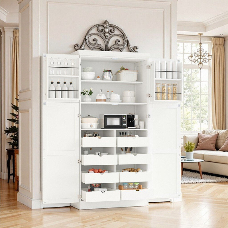 Armoire de cuisine autoportante en MDF à 4 portes avec 8 plateaux coulissants et tablettes réglables, Blanc