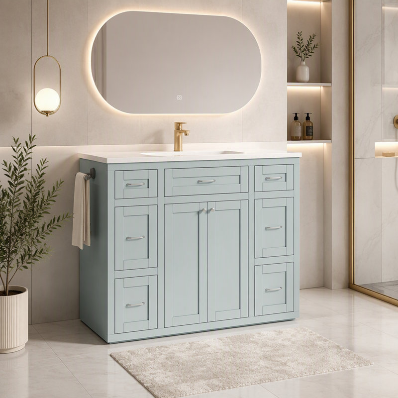 Meuble-lavabo de salle de bain avec lavabo en céramique, 6 tiroirs, tiroir rabattable, portes à fermeture en douceur et porte-serviettes réversible
