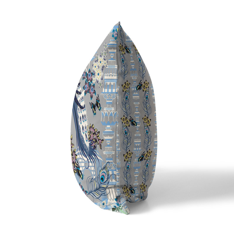 Housse de coussin intérieur / extérieur en polyester Peacock Paradise, 26 po x 26 po, Gris / Bleu clair