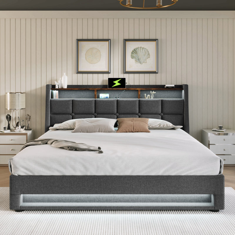Lit plateforme tapissier double avec système de rangement hydraulique, chargement DEL et USB (sans matelas), Gris, Lit double