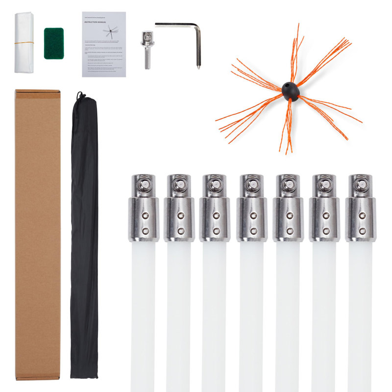 Brosse de cheminée, système de nettoyage de cheminée rotatif conduit par perceuse, tête de brosse simple, avec 7 tiges de cheminée flexibles