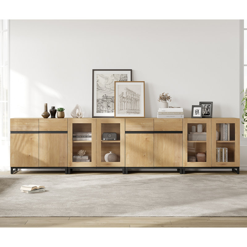 Modern Dresser With Adjustable Shelves, 4 In 1 Storage Cabinet With Glass Doors, Oak