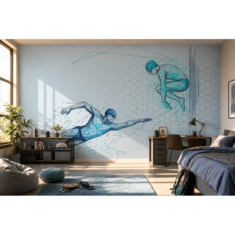 Papier peint mural géométrique futuriste low poly, 180"x120", Peel and Stick