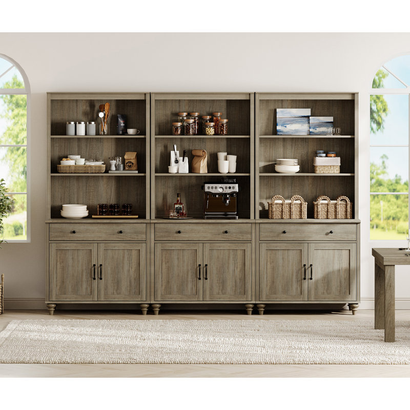 Scarlett Sideboard Cabinet With Bar Hutch, Farmhouse Sideboard Credenza For Dining Room, Modern Buffet Cabinet, Large Storage Cabinet With Wood Doors And 5 Tier Shelve, Wash Grey, 102"