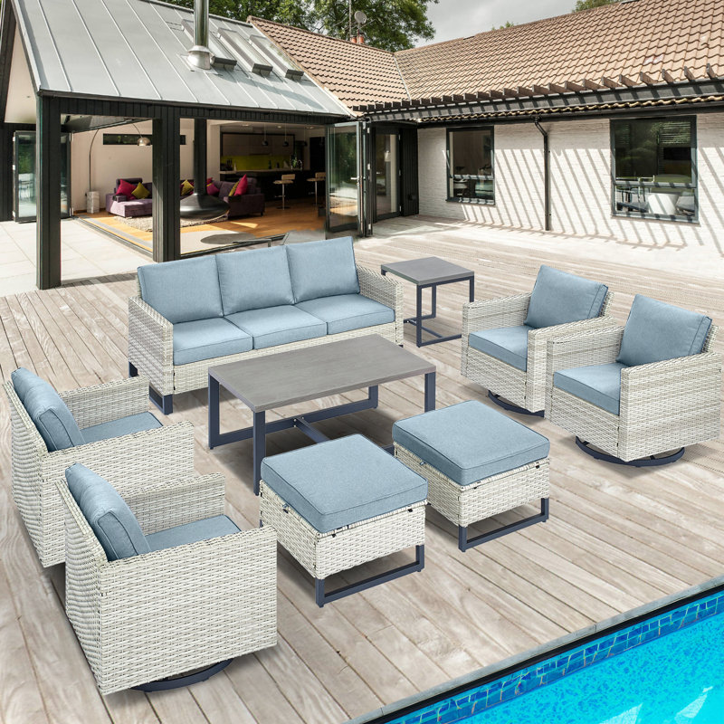 Ingvald Wicker 7 - Person Patio Conversation Set with Cushions, Light Blue