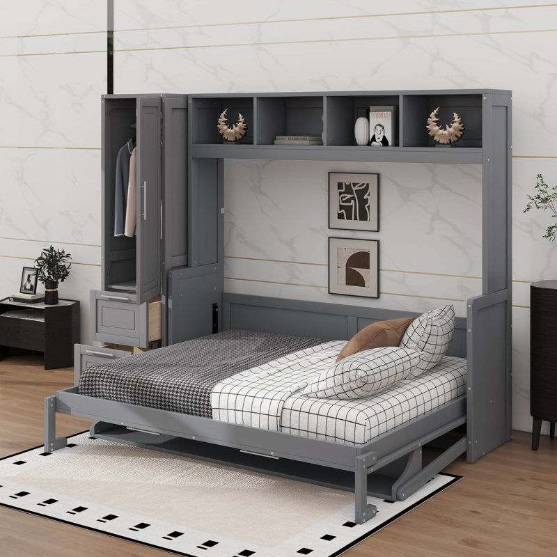 Grand lit escamotable avec placard et tiroirs, Gris