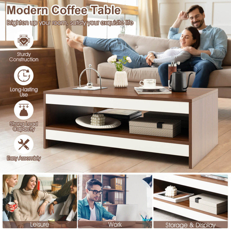 Modern Walnut and White Rectangular Coffee Table with Storage Shelf