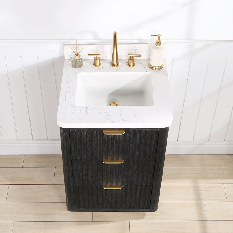 Adela 24'' Single Bathroom Vanity with Cultured Marble Top, Black, White, Gold