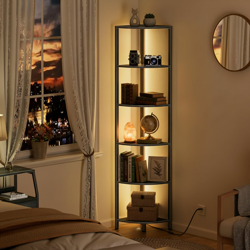 Six-Tier Corner Shelving Unit, 67.4 Inches, Black, Narrow Design, Metal Frame, Wood Construction, With LED Light. Suitable For Corner Use In Living Room Or Bedroom.