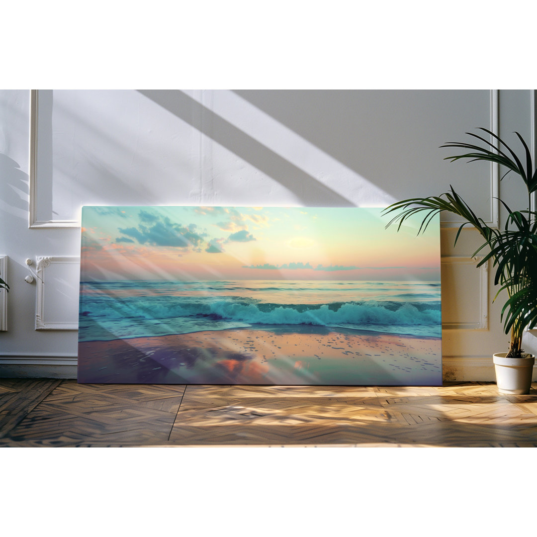 Leinwandbild gerahmt 120x60cm Sonnenuntergang Meer Wellen Strand Horizont