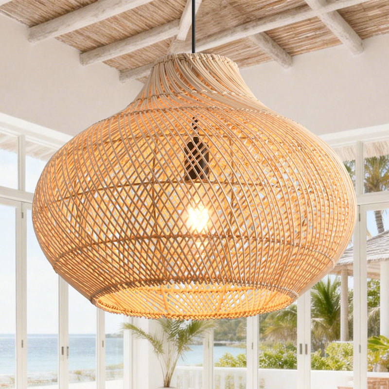 Small Rattan Pendant Light, Natural Wicker Shade, Iron Frame, Adjustable Height, E27 Socket, 35 Cm Diameter, For Kitchen Island Hallway (Bulb Not Included)