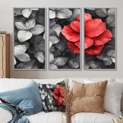 Hortensias monochromes avec accent rouge audacieux I - Art mural d'hortensias pour le salon - ensemble de 3