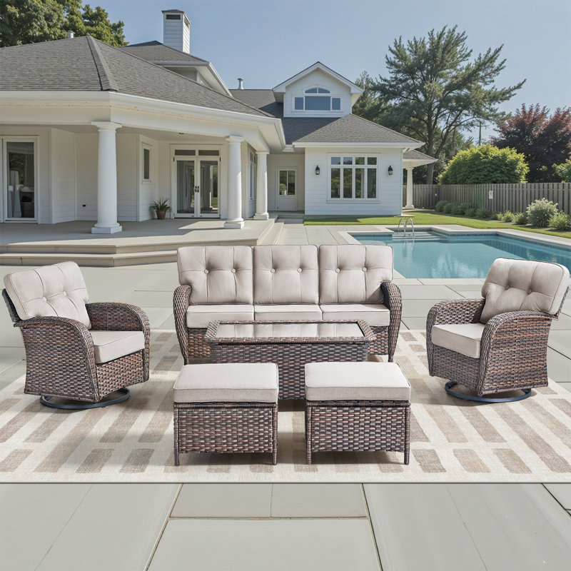 6-Piece Patio Furniture Set, All-Weather Outdoor Seating Set With Swivel Glider Chairs & Ottomans, Beige