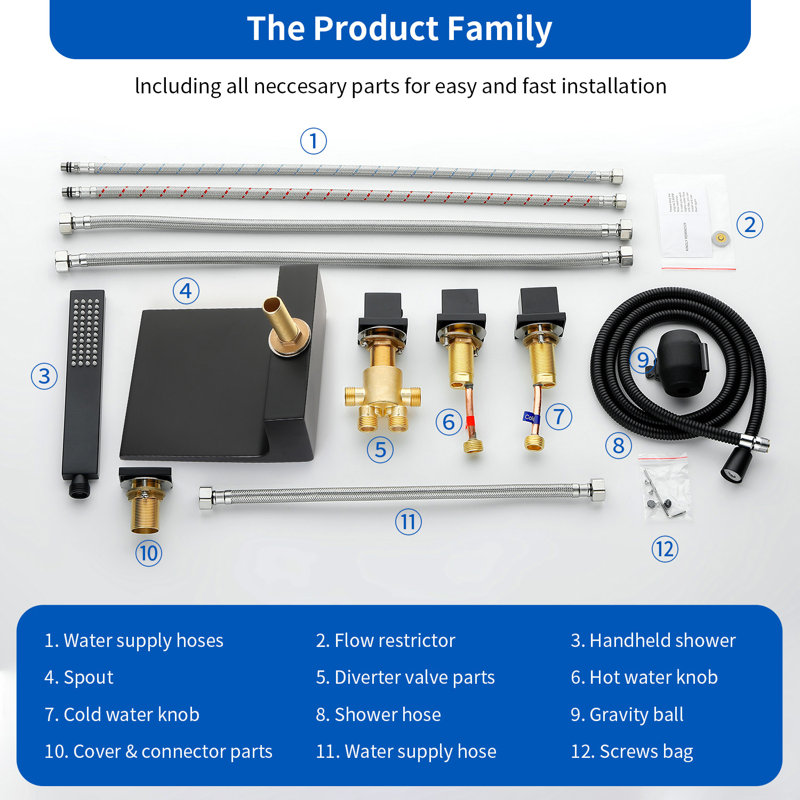 Deck Mount Roman Tub Faucet Set Waterfall High Flow Bathtub Faucets, Black