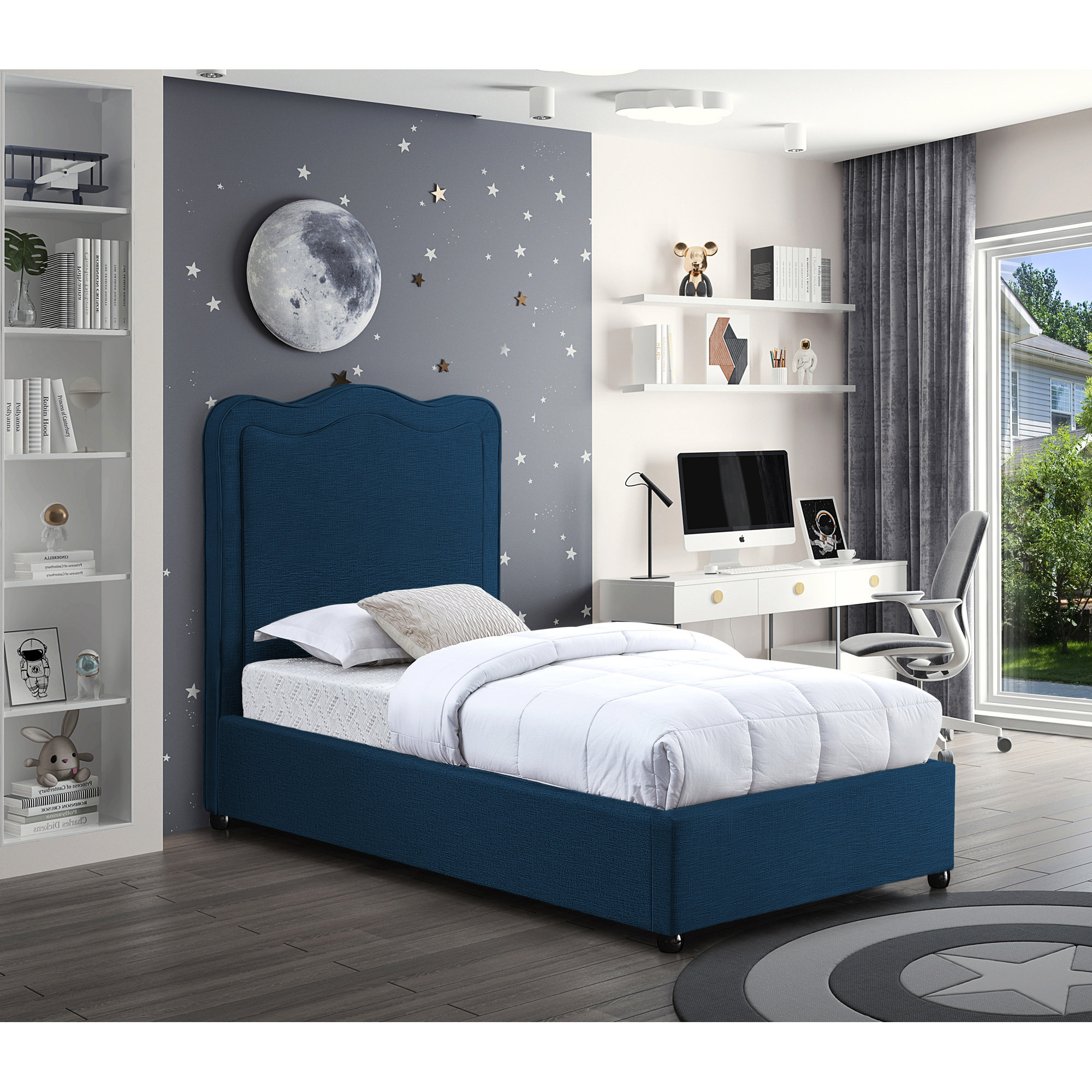 Upholstered Scalloped Bed, Bed Navy Linen, Twin