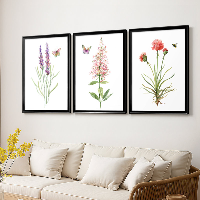 Wildflower Botanical I - Toile tendue avec châssis sur mesure - 3 pièces, Noir, H 21 po x l 30 po