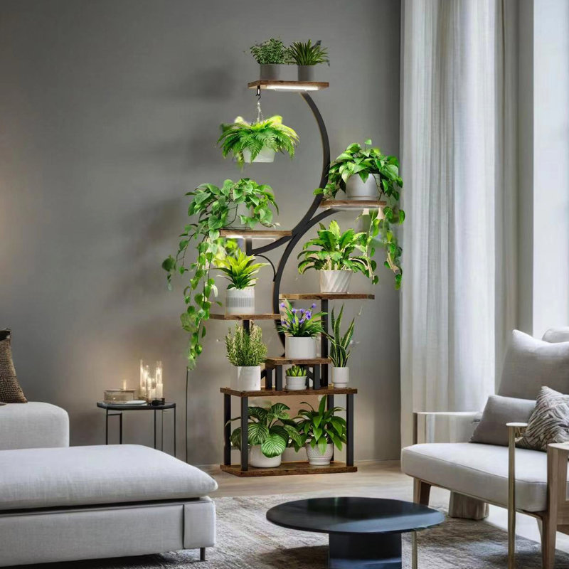 Support pour plante d'intérieur avec 8 tablettes à 3 niveaux et 3 lumières - support en métal de 61 po de hauteur, en forme de S, noir, assemblage simple, roues pour la mobilité, assemblage requis pour la maison et le patio