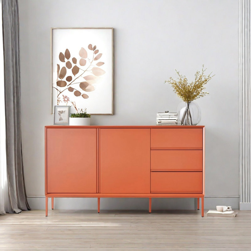 Buffet moderne avec 2 portes et 3 tiroirs, Orange-rouge